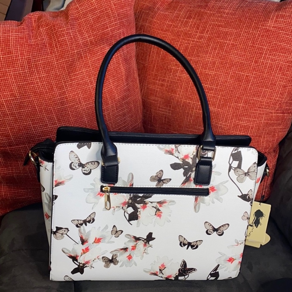 NWT Large Vegan Leather Black & White Butterfly Satchel